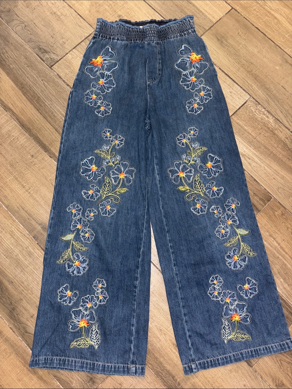 Anthropologie DRIFTWOOD Isadora  Wide-Leg Jeans with Floral Embroidery